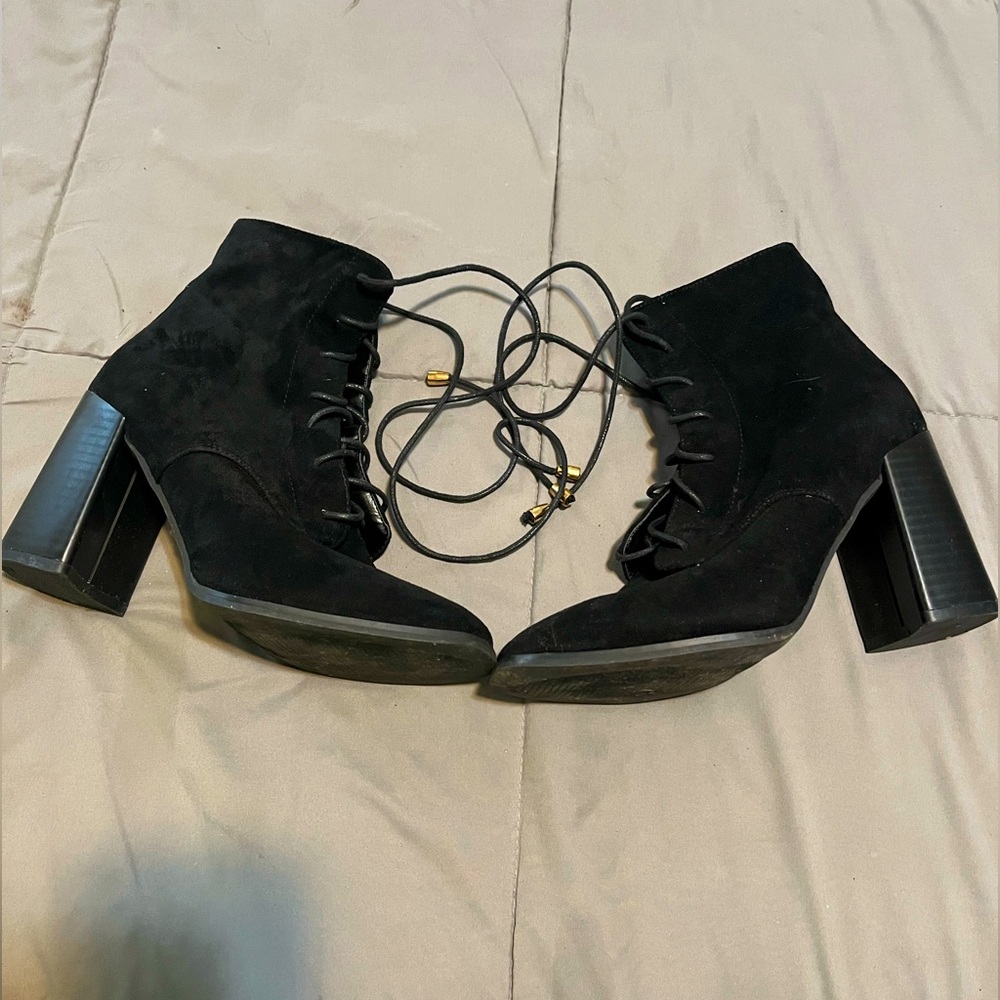 Black Suede Heeled Lace Up Boots